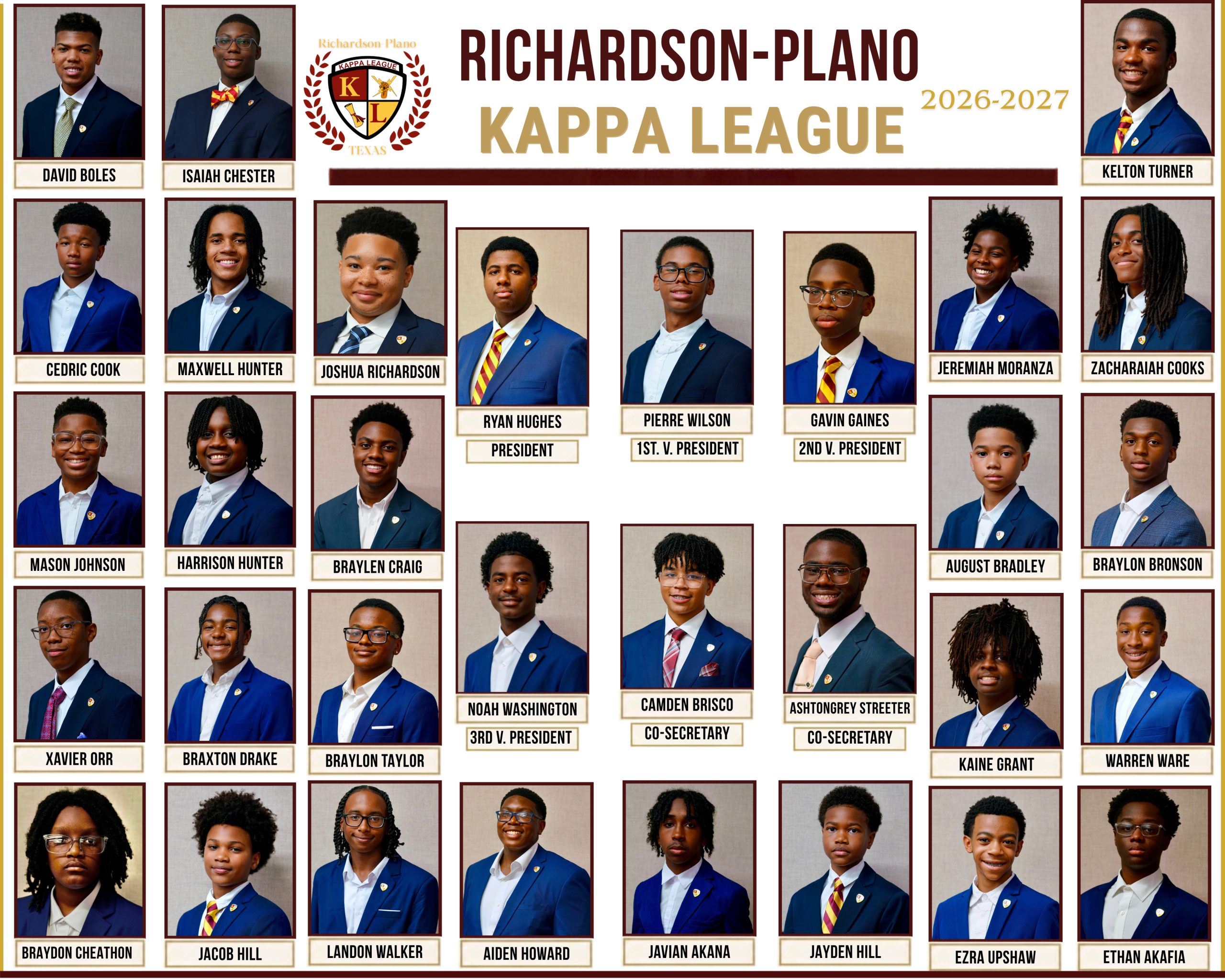 Portrait roster of the Richardson–Plano Kappa League officers and members for 2026–2027.